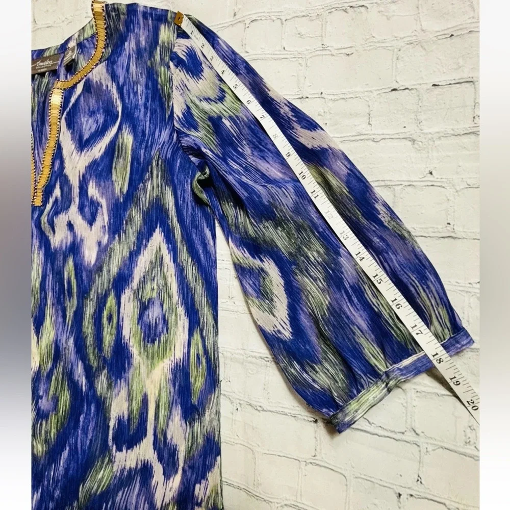 Chicos 2 Travelers Size Large Semi Sheer Blouse Purple 3/4 Sleeve Gold Trim Top - Picture 8 of 10